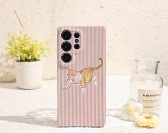Cat Pink Stripes Samsung Phone Case Phone Case for Samsung Galaxy S25 S24 S23 S22 Plus Ultra Galaxy S Phone Case Galaxy A Phone Case