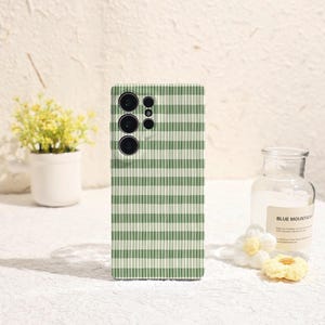 May include: A green and white striped phone case. The case has a vertical striped pattern and covers the back of a smartphone. The phone case has multiple camera lenses. The background includes a small plant in a white pot and a glass bottle.