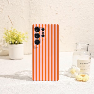 May include: A mobile phone case featuring a vertical striped design in orange and pale pink. The case has a camera module with three lenses and two smaller sensors. A small potted plant and a glass bottle with "BLUE MOUNTAIN" are in the background.