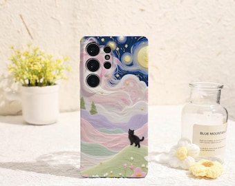 Clouds Moon Cat Phone Case for Samsung Galaxy S25 S24 S23 S22 Plus Ultra Protective Cover for Samsung Galaxy S23FE S24FE Galaxy Phone Case