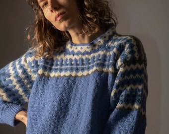 Bleu vintage fait main, Sweter en laine fabriqué en Norvège/Pull rétro en laine des années 80/taille M