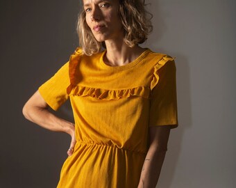 Vintage gelbes kurzes Kleid aus den 80er Jahren / Sommer Retro Kleid / Kleid in Größe XS-S aus England