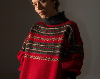 Handmade Vintage wool Sweter/Retro wool 80s pullover/ size XL