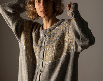 Handmade Vintage wool cardigan made in Norway/sweater from the 80-90s / retro wool sweater/oversize/size L-XL