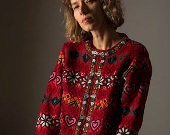 VRIKKE Irene Haugland Woll-Strickjacke/Pullover aus den 80er-90er Jahren / Retro Wollpullover/Oversize/Größe S-M