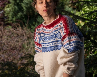Pull en laine blanche vintage fait main/Sweter en laine de Norvège/Pull rétro des années 80/taille XL