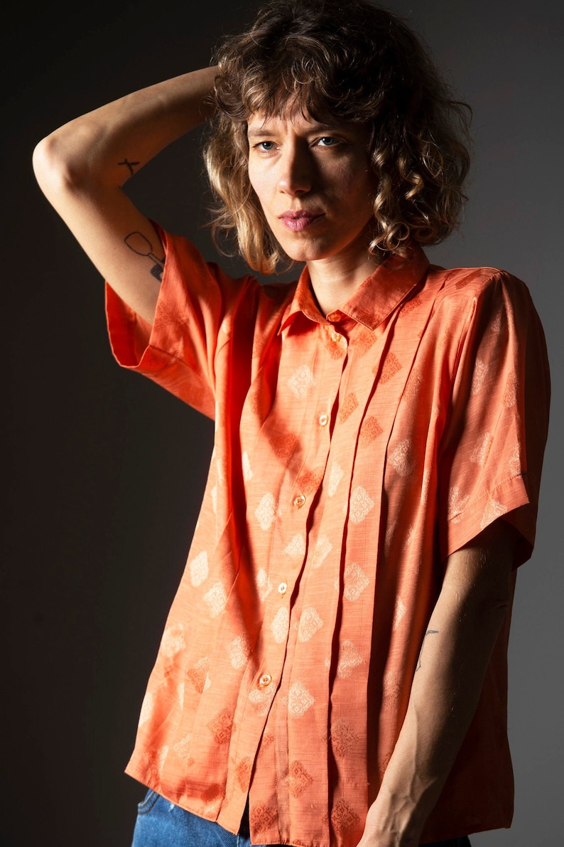 Vintage orange women/'s shirt retro blouse from the 80-90s short sleeves retro shirtsize M