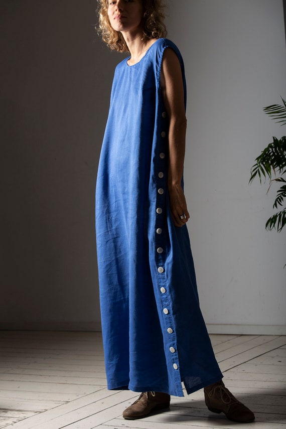 Handmade Linen Dress / Blue Maxi Vintage Dress / 9
