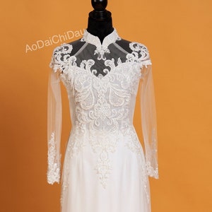 Vietnamese Wedding Ao Dai Long Dress, White, Hand-beading Detail, Custom Size, Multiple Headpiece Choices | Áo Dài Cưới, May Số Đo