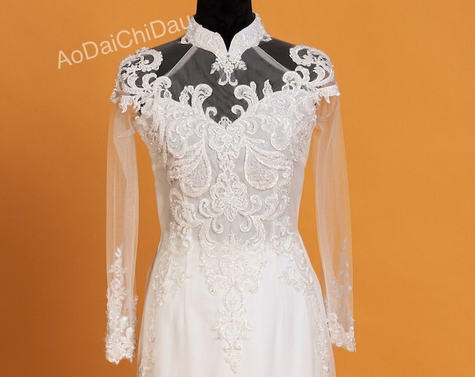 Vietnamese Wedding Ao Dai Long Dress, White, Hand-beading Detail, Custom Size, Multiple Headpiece Choices | Áo Dài Cưới, May Số Đo