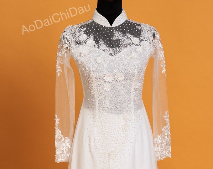 Vietnamese Wedding Ao Dai Long Dress, White, Hand-beading Detail, Custom Size, Multiple Headpiece Choices | Áo Dài Cưới, May Số Đo