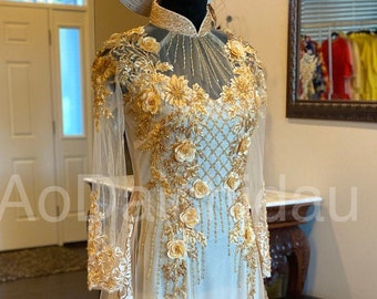 Vietnamese Wedding Ao Dai Dress with a Train, Light Gold/Nude, Hand-beading Details, Custom Size, Multiple Headpiece Choices | Áo Dài Cưới