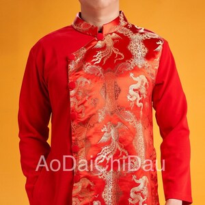Vietnamese Modernized Men Ao Dai, with Headpiece, in Red and Gold, Custom Size and Pre-made Sizes | Áo Dài Cách Tân Nam
