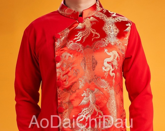 Vietnamese Modernized Men Ao Dai, with Headpiece, in Red and Gold, Custom Size and Pre-made Sizes | Áo Dài Cách Tân Nam