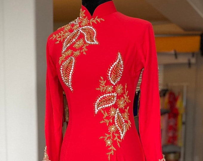 Vietnamese Wedding Ao Dai Long Dress with a Train, Red/Gold, Hand-beading Details, Custom Size, Multiple Headpiece Choices | Áo Dài Cưới