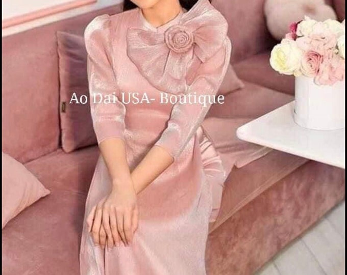 Vietnamese Bridesmaid Ao Dai Long Dress in Blush/Pink, with Pants, Custom Size | Áo Dài Dâu Phụ, Đặt May Theo Số Đo