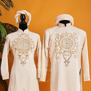 Traditional Wedding Couple Ao Dai Long Dress, in Ivory/Light Gold, with Hand-beading Details, Premade and Custom Size | Áo Dài Cưới Cặp Đôi