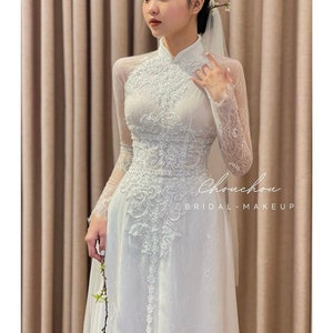 Vietnamese Wedding Ao Dai Long Dress, White, Hand-beading Detail, Custom Size, Multiple Headpiece Choices | Áo Dài Cưới, May Số Đo