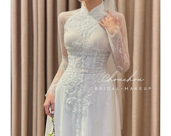 Vietnamese Wedding Ao Dai Long Dress, White, Hand-beading Detail, Custom Size, Multiple Headpiece Choices | Áo Dài Cưới, May Số Đo