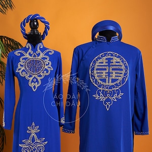Traditional Wedding Couple Ao Dai Long Dress, in Blue and Gold, with Hand-beading Details, Premade and Custom Size | Áo Dài Cưới Cặp Đôi