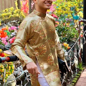Vietnamese Traditional Men Ao Dai in Gold Color, Pre-made Sizes | Áo Dài Cách Tân Nam