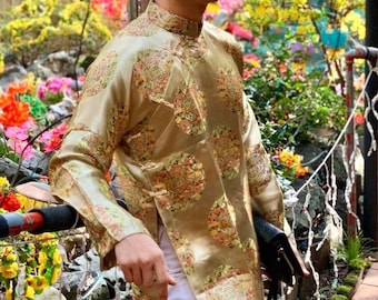 Vietnamese Traditional Men Ao Dai, with Headpiece, in Gold, Custom Size and Pre-made Sizes | Áo Dài Cách Tân Nam