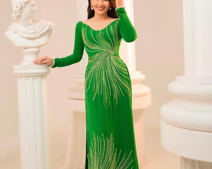 Vietnamese Ao Dai Long Dress, Hand-beading Details in Green, Custom Size and Colors | Áo Dài Trung Niên, May Theo Số Đo
