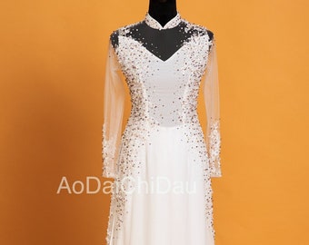 Vietnamese Wedding Ao Dai Dress with a Train, White, Hand-beading Details, Custom Size, Multiple Headpiece Choices | Áo Dài Cưới