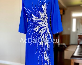 Vietnamese Ao Dai Dress, Double Layers Chiffon with Hand-beading Details in Blue, Custom Size and Colors | Áo Dài Trung Niên, May Theo Số Đo