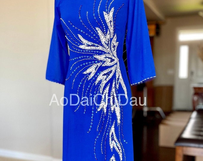 Vietnamese Ao Dai Dress, Double Layers Chiffon with Hand-beading Details in Blue, Custom Size and Colors | Áo Dài Trung Niên, May Theo Số Đo