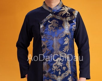 Vietnamese Modernized Men Ao Dai, in Navy Blue, Pre-made Sizes | Áo Dài Cách Tân Nam