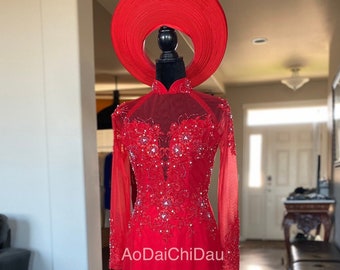 Vietnamese Wedding Ao Dai Long Dress, Red, Hand-beading Details, Custom Size, Multiple Headpiece Choices | Áo Dài Cưới, May Theo Số Đo