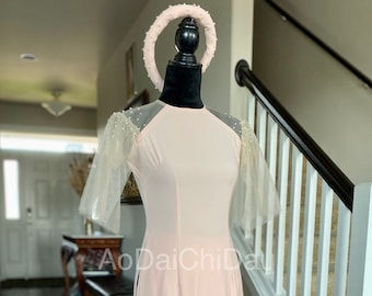 Vietnamese Bridesmaid Ao Dai Long Dress, with Pants, Elastic Soft Silk Fabric, Custom Size and Colors | Áo Dài Dâu Phụ, Đặt May Theo Số Đo