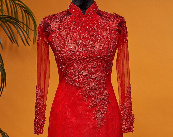 Vietnamese Wedding Ao Dai Long Dress, Red, Hand-beading Details, Custom Size, Multiple Headpiece Choices | Áo Dài Cưới, May Theo Số Đo