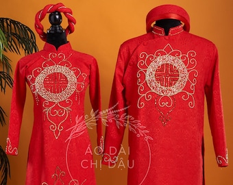 Traditional Wedding Couple Ao Dai Long Dress, in Red and Gold, with Hand-beading Details, Premade and Custom Size | Áo Dài Cưới Cặp Đôi