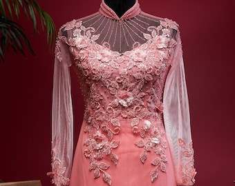 Vietnamese Wedding Ao Dai Long Dress, Pink, Hand-beading Detail, Custom Size | Áo Dài Cưới, Đặt May Theo Số Đo