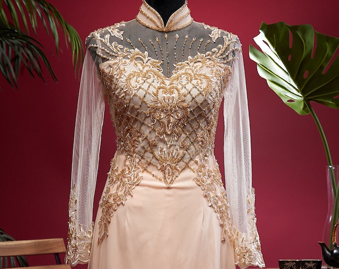 Vietnamese Wedding Ao Dai Long Dress, Light Gold/Nude, Hand-beading Detail, Custom Size, Multiple Headpiece Choices | Áo Dài Cưới, May Số Đo