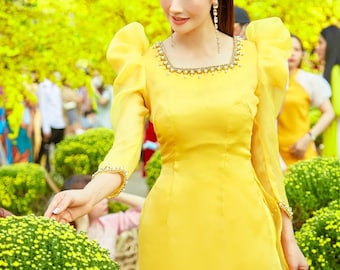 Vietnamese Bridesmaid Ao Dai Long Dress in Yellow, with Pants | Áo Dài Phụ Dâu