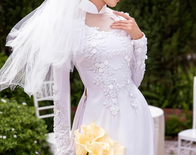 Vietnamese Wedding Ao Dai Long Dress, White, Hand-beading Detail, Custom Size, Multiple Headpiece Choices | Áo Dài Cưới, May Số Đo