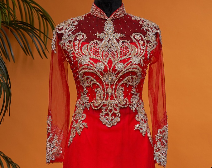 Vietnamese Wedding Ao Dai Long Dress, Red/Gold, Hand-beading Details, Custom Size, Multiple Headpiece Choices | Áo Dài Cưới, May Theo Số Đo