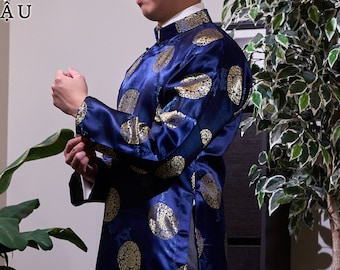 Vietnamese Traditional Men Ao Dai, with Headpiece, in Navy Blue and Gold, Custom Size and Pre-made Sizes | Áo Dài Cách Tân Nam