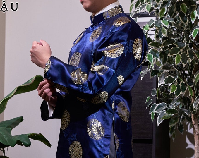 Vietnamese Traditional Men Ao Dai, with Headpiece, in Navy Blue and Gold, Custom Size and Pre-made Sizes | Áo Dài Cách Tân Nam