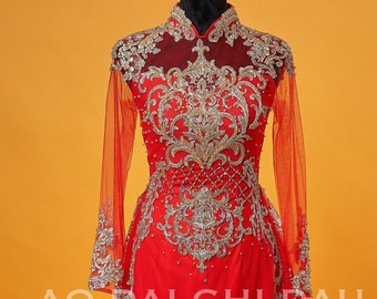 Vietnamese Wedding Ao Dai Long Dress with a Train, Red/Gold, Hand-beading Details, Custom Size, Multiple Headpiece Choices | Áo Dài Cưới