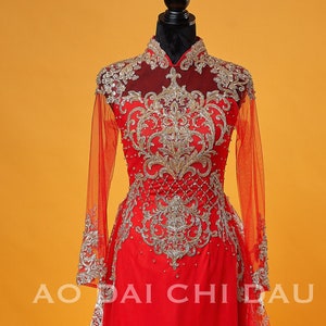 Vietnamese Wedding Ao Dai Long Dress with a Train, Red/Gold, Hand-beading Details, Custom Size, Multiple Headpiece Choices | Áo Dài Cưới