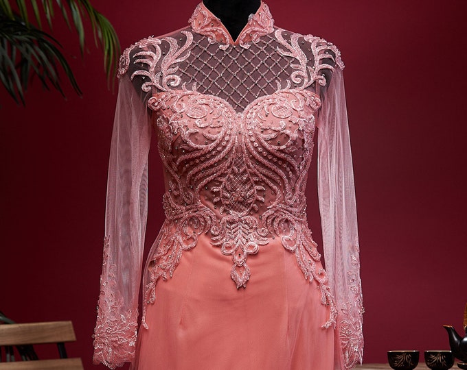 Vietnamese Wedding Ao Dai Long Dress, Pink, Hand-beading Details, Custom Size | Áo Dài Cưới, Đặt May Theo Số Đo