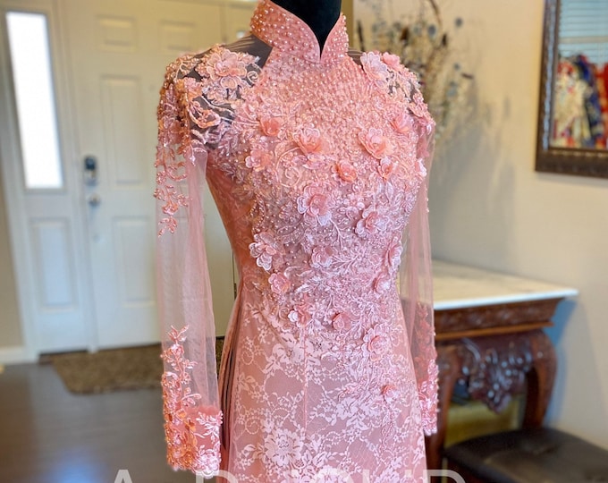 Vietnamese Wedding Ao Dai Long Dress, Pink, Hand-beading Details, Custom Size | Áo Dài Cưới, Đặt May Theo Số Đo