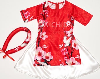 Vietnamese Ao Dai for Kids Baby Girl in Red and White Skirt for Lunar New Year - Áo Dài Cách Tân Tết Bé Gái