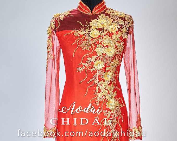 Vietnamese Wedding Ao Dai Long Dress, Red/Gold, Hand-beading Details, Custom Size, Multiple Headpiece Choices | Áo Dài Cưới, May Theo Số Đo