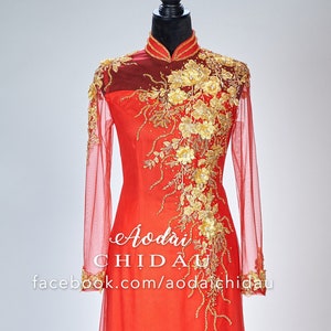 Vietnamese Wedding Ao Dai Long Dress, Red/Gold, Hand-beading Details, Custom Size, Multiple Headpiece Choices | Áo Dài Cưới, May Theo Số Đo