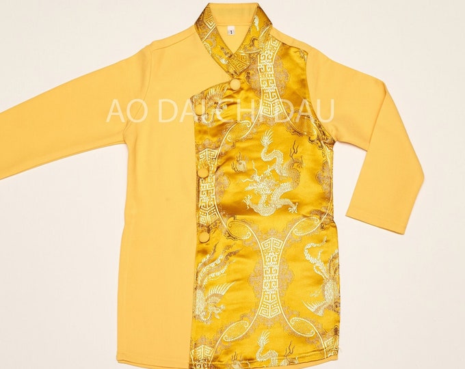 Vietnamese Boy's Kid Ao Dai in Yellow and Gold for Lunar New Year - Áo Dài Tết Bé Trai